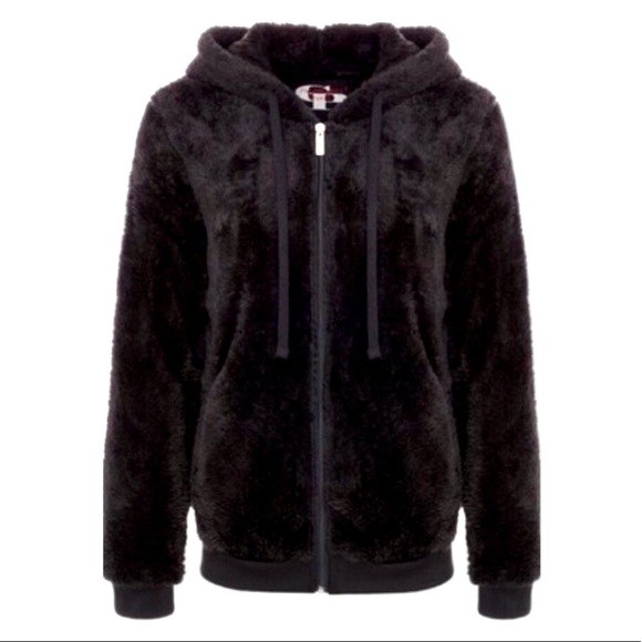 Black thick plush faux fur full zip hoodie NWT - Picture 2 of 7